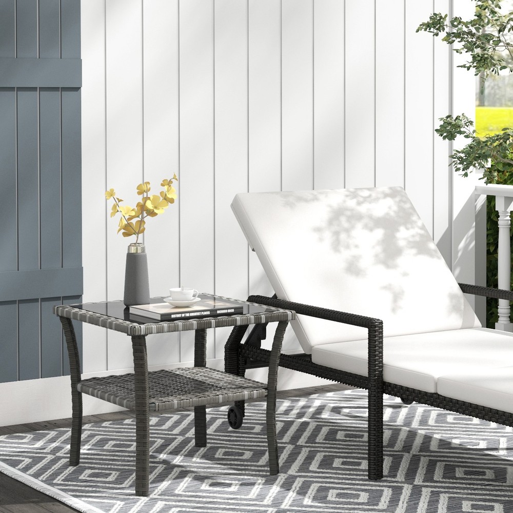 Outsunny Patio Wicker Coffee Table w/ Two-tier Design, Side Table, Gray