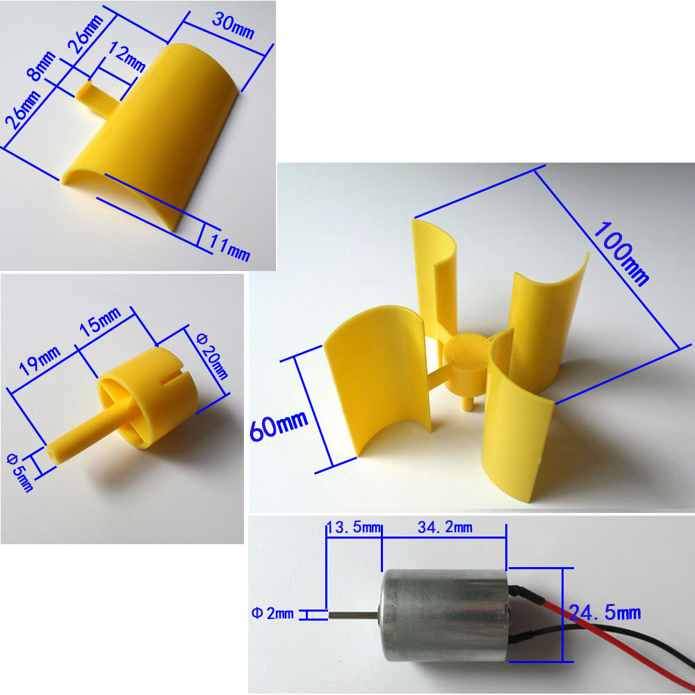 1/2X DC Micro Motor Small LED lights Vertical Axis Wind Turbine Generator blades