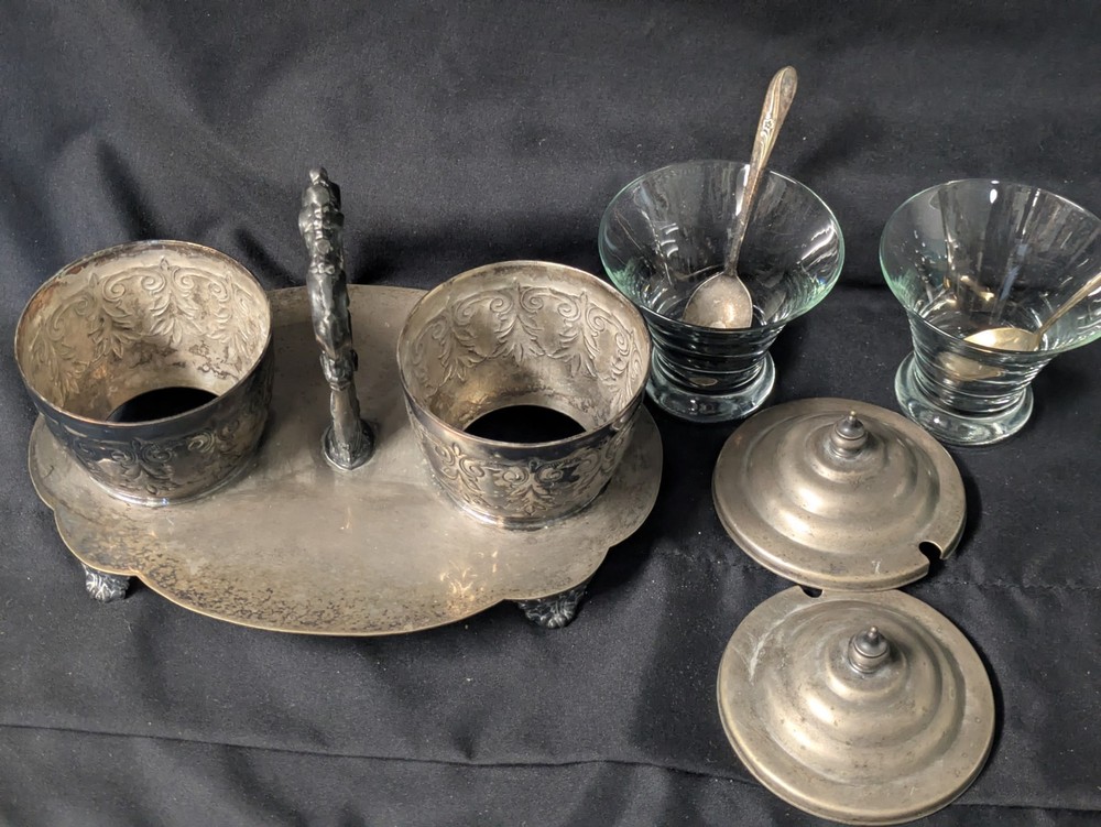 Vintage Silver Plated Floral Condiment Jam Caddy w Spoons Crown Stars Mark