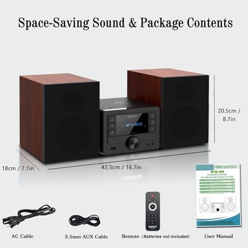 Bluetooth Stereo System 40W for Home, CD Player with Wireless Streaming, Black