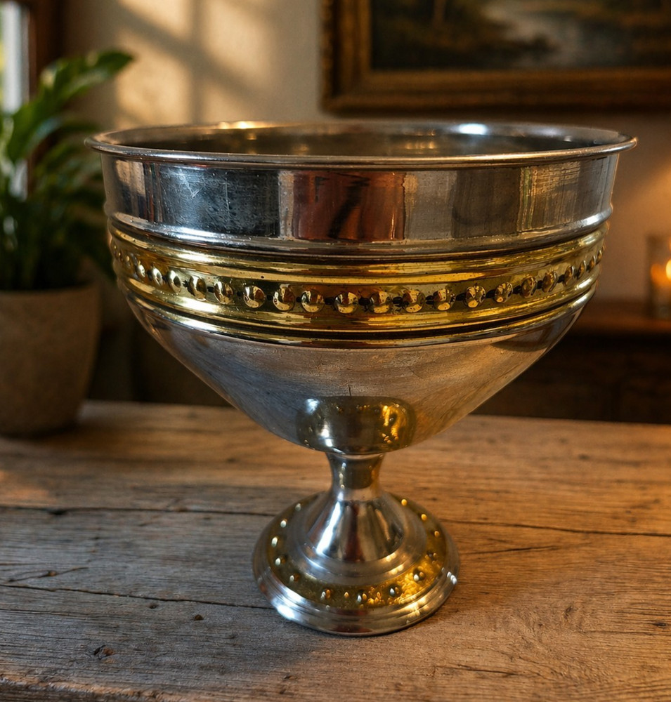 Vintage Silverplate? Pedestal Bowl Gold-trimmed Border Chalice 7" Large