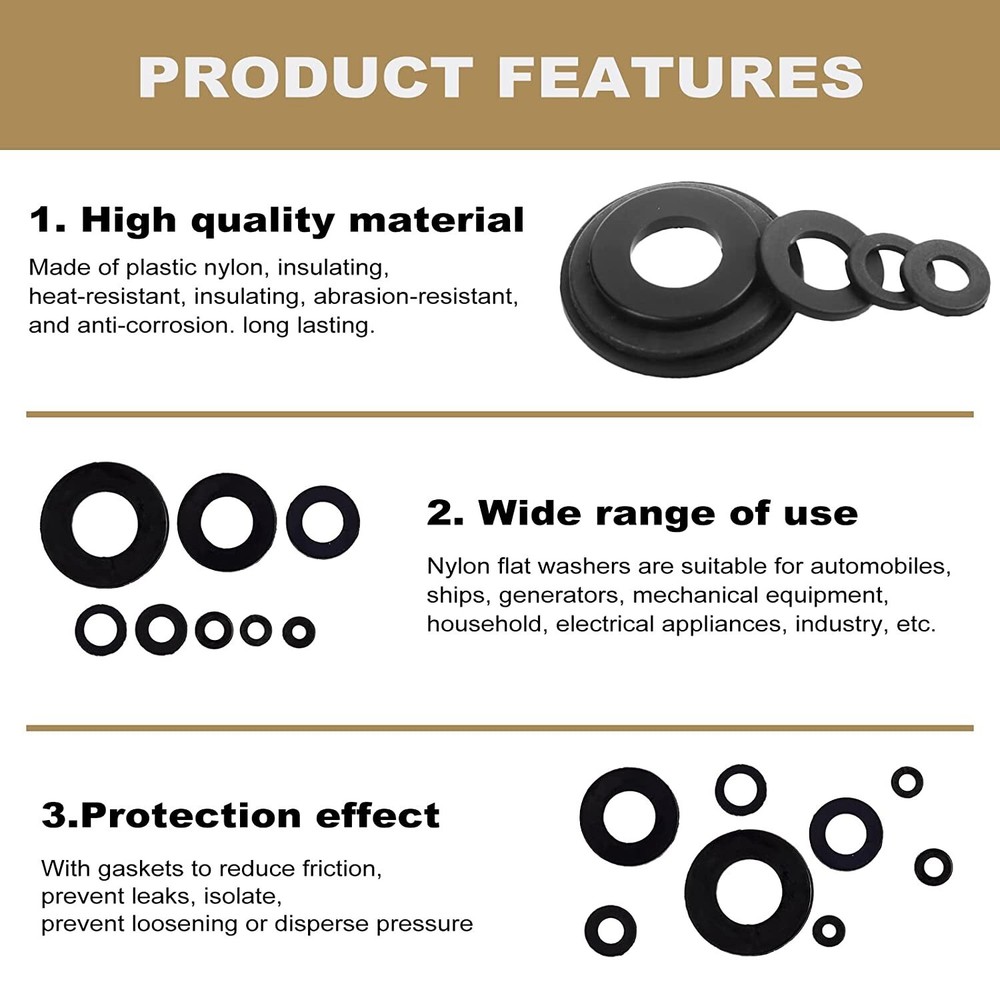 510 Pcs Black Nylon Flat Washer Kit - Assorted Sizes for Electrical Connections