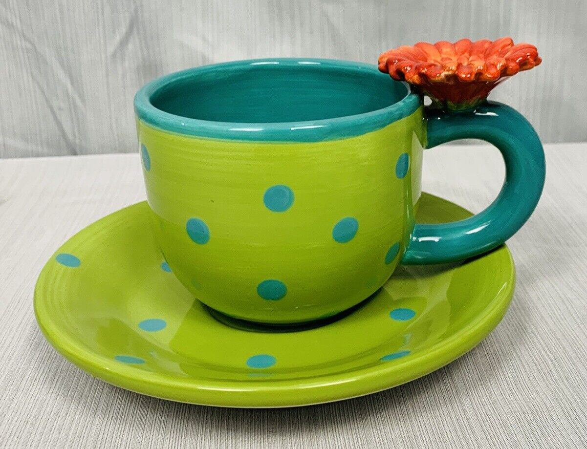 burton+Burton Ceramic Tea Cup & Saucer Polka Dot Flower on Handle Colorful