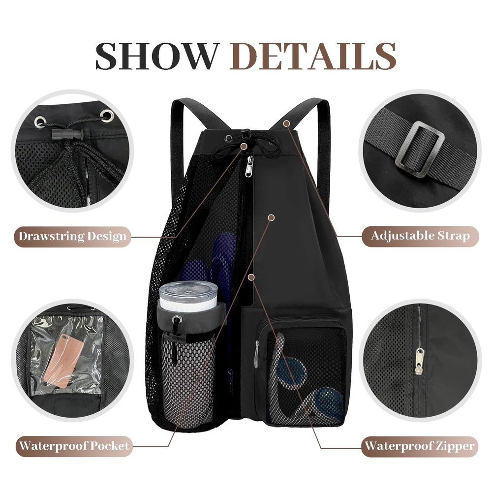 Beach Backpack with Wet Pocket Drawstring Mesh Beach Bag Waterproof Swimming ...