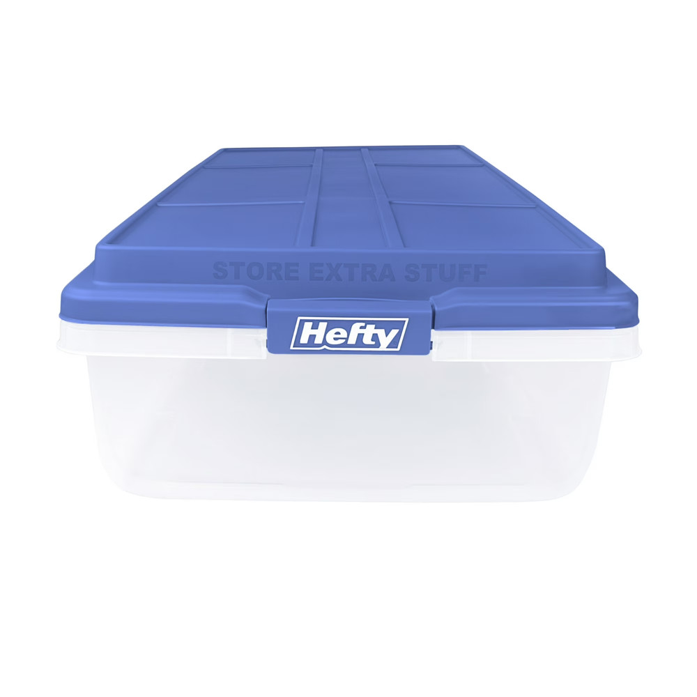 (4 pack) Hefty HI-RISE 63 Quart Large Latching Storage Bin, Clear Plastic, Blue