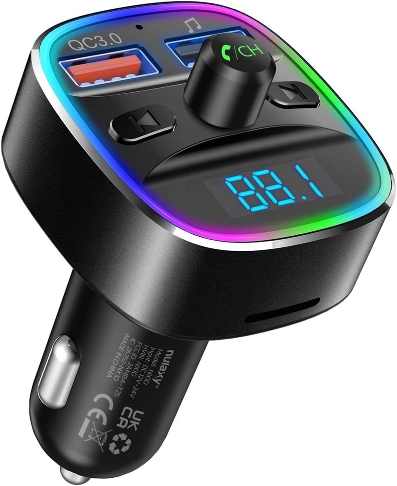 Bluetooth FM Transmitter with Dual USB Charger & 7 Color LED Backlight - Black