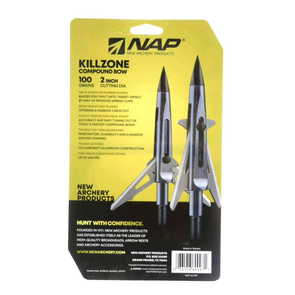 3 Pack NAP Killzone Compound Bow Mechanical Broadheads 100 Grains Trophy Tip NEW