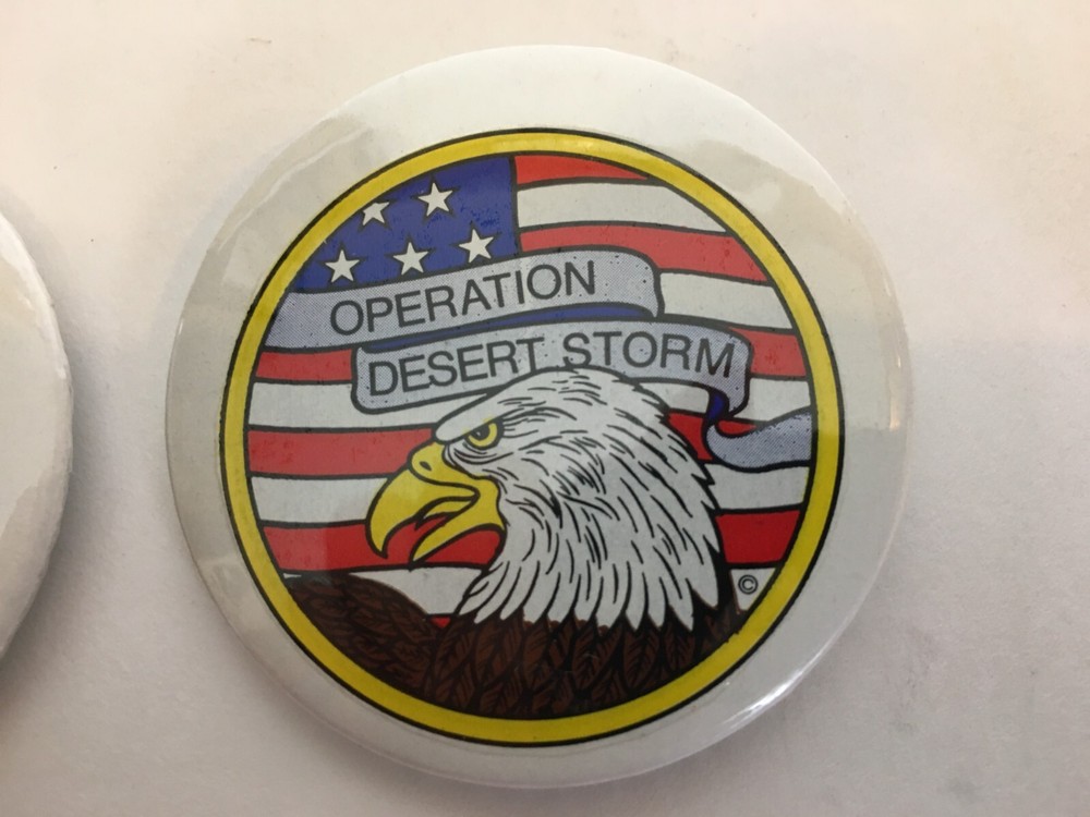 (2) 1990 Operation Desert Storm Pinback Button Support Troops USA American Eagle
