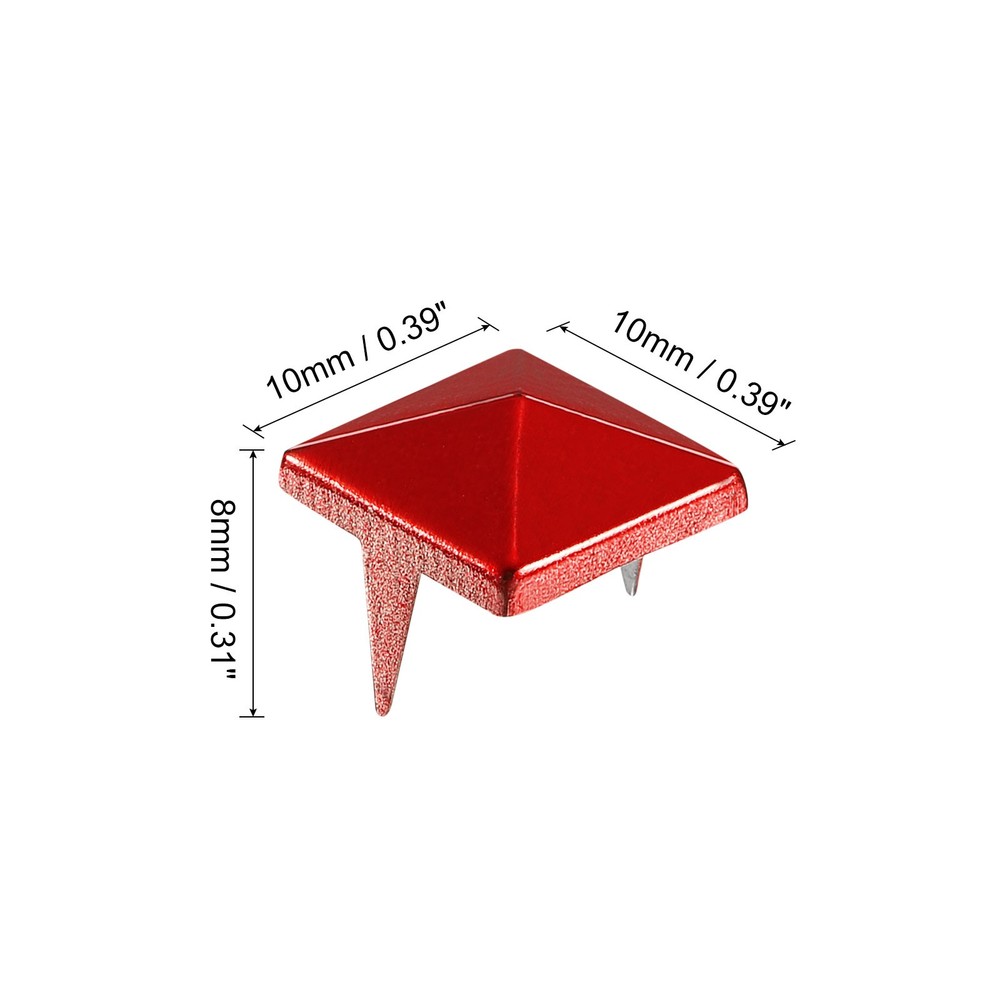 50Pcs Square Pyramid Rivets, 10mm Two-Jaw Studs Spikes (Red)