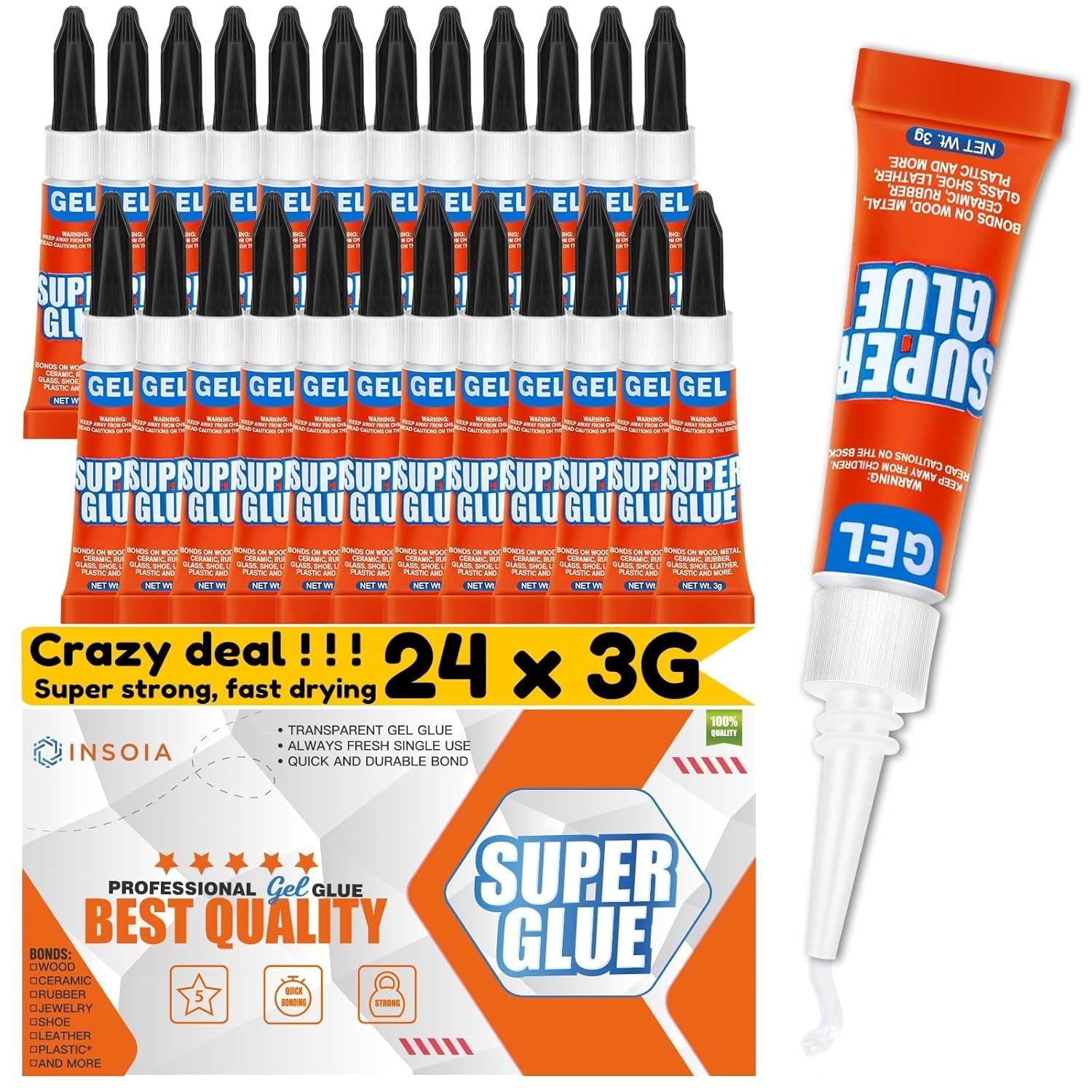 Super Glue Gel Clear Non-Drip, 24 X 3G All Purpose Strong Adhesive Ca Glue Quick
