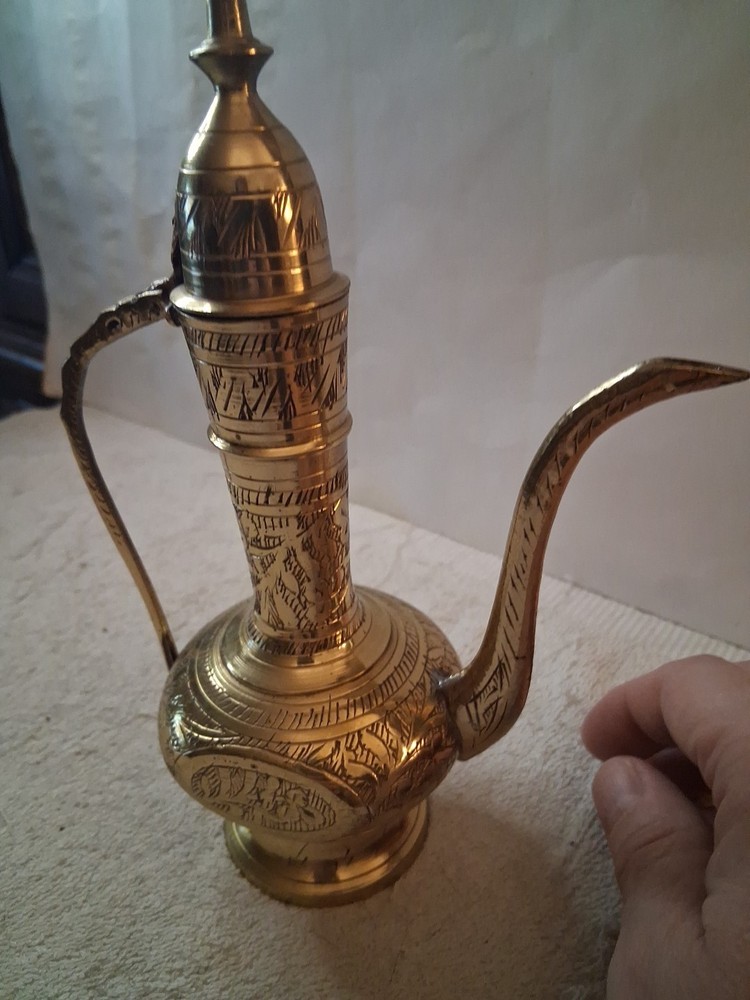Dallah Brass Pot, Middle Eastern. 7.75" High. Made In Jerusalem.