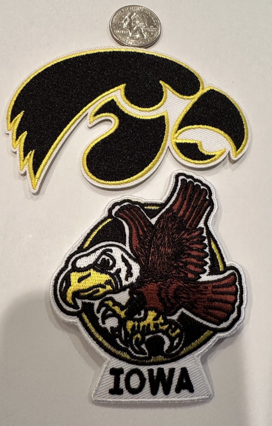 2-IOWA HAWKEYES Vintage Style Embroidered Iron On Patches. 3"x 2.5” & 4”x 2.5”