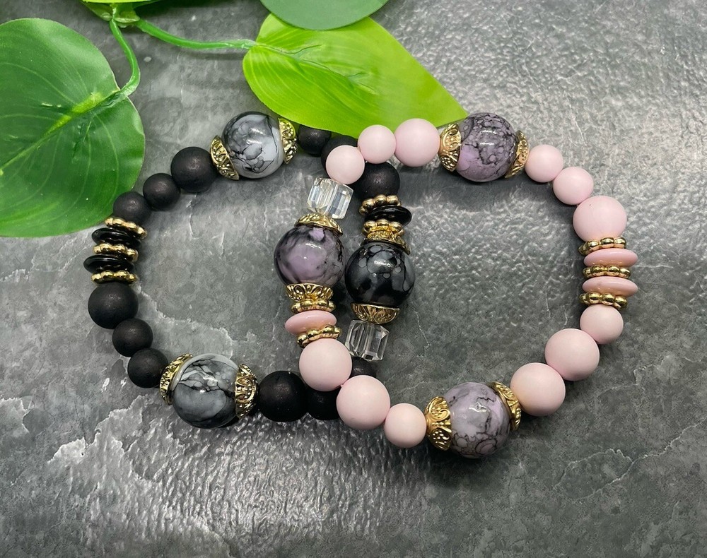 2 PC Handmade Beaded  Boho 7” Plus Stretch Layered Bracelet Set B3957