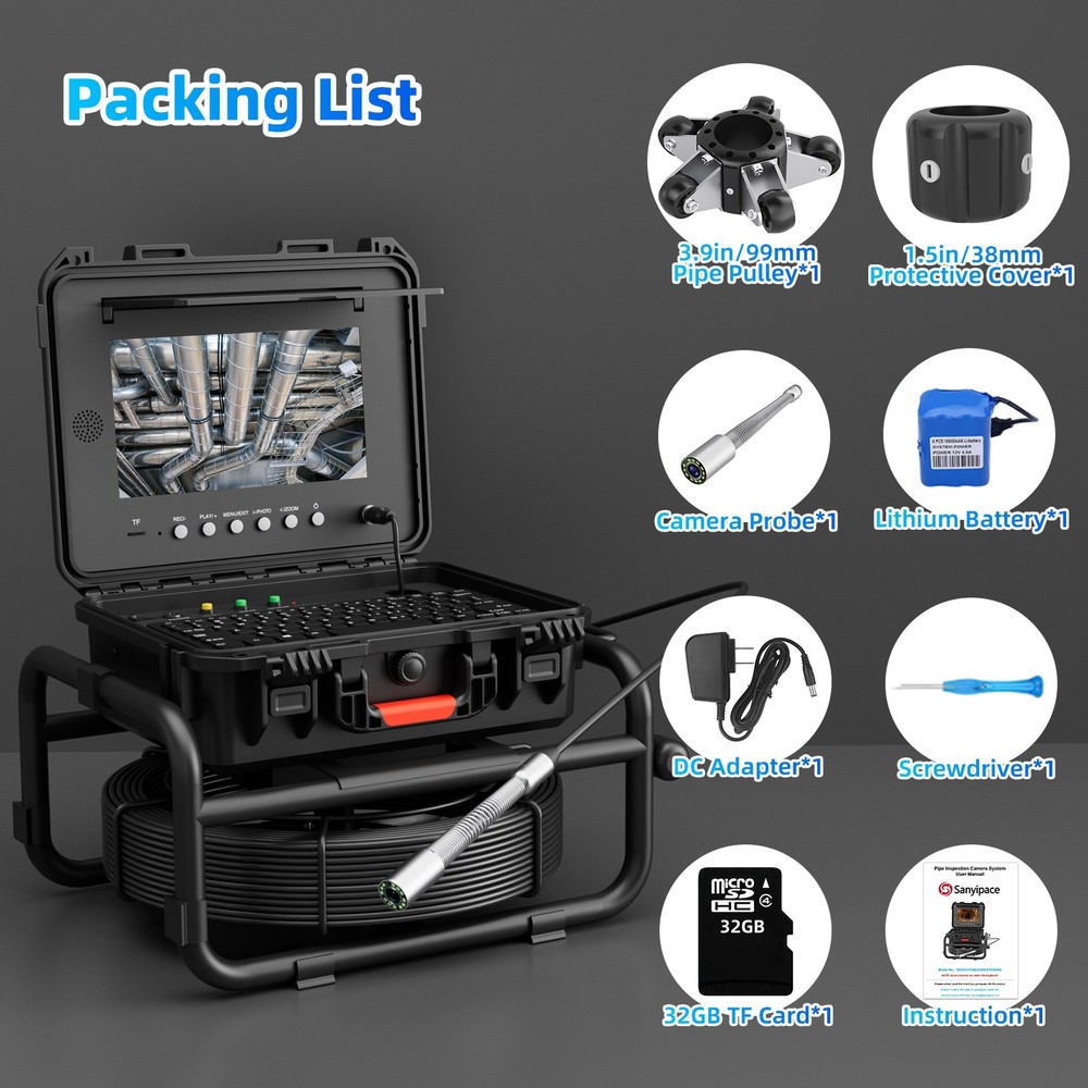 10" Self-leveling Sewer Camera 98FT Pipe Inspection Borescope w/ Meter Counter