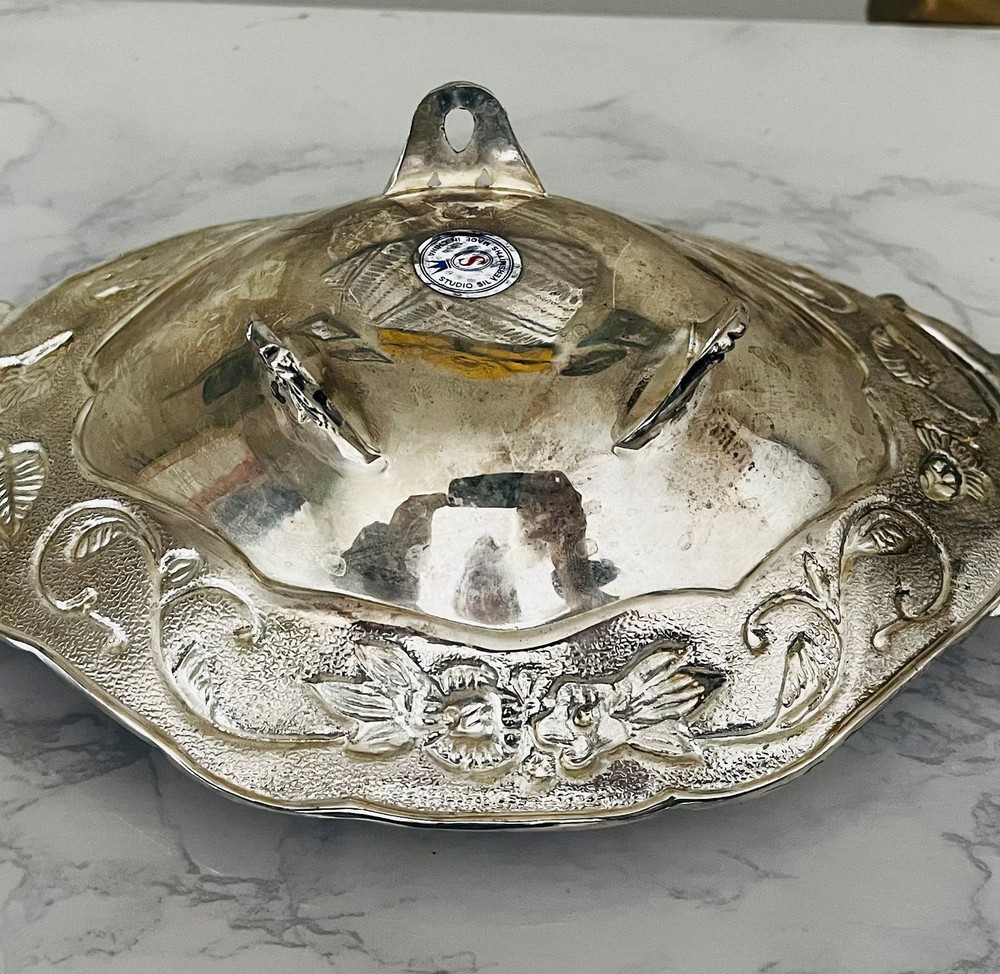 Studio Silversmiths Silver Plated Floral Footed Oblong Candy Trinket Dish