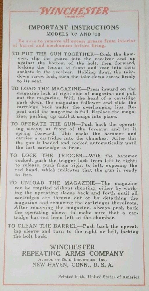 Winchester Model 1907 07 Instruction Manual
