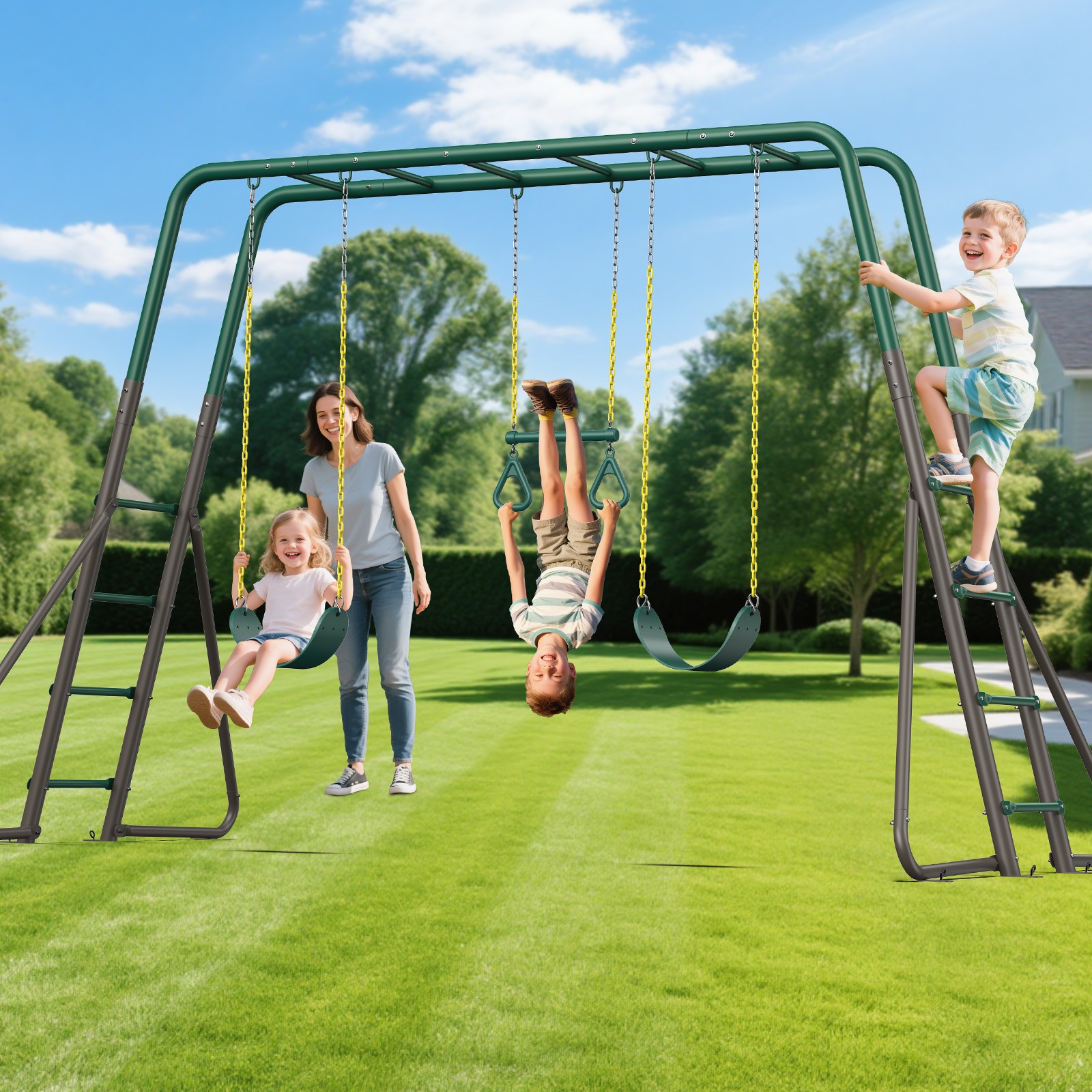 Metal Swing Sets Playground Set for Kids with 2 Belt Swings, Monkey Bars Outdoor