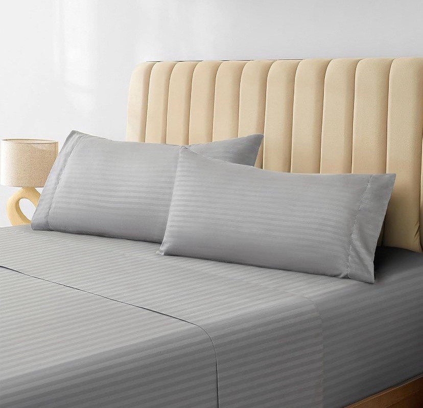 4 PC Light Grey Twin Microfiber Striped Performance Sheet Set, Soft Cooling
