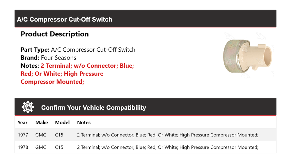 For 1977-1978 GMC C15 A/C Compressor Cut-Off Switch 4 Seasons