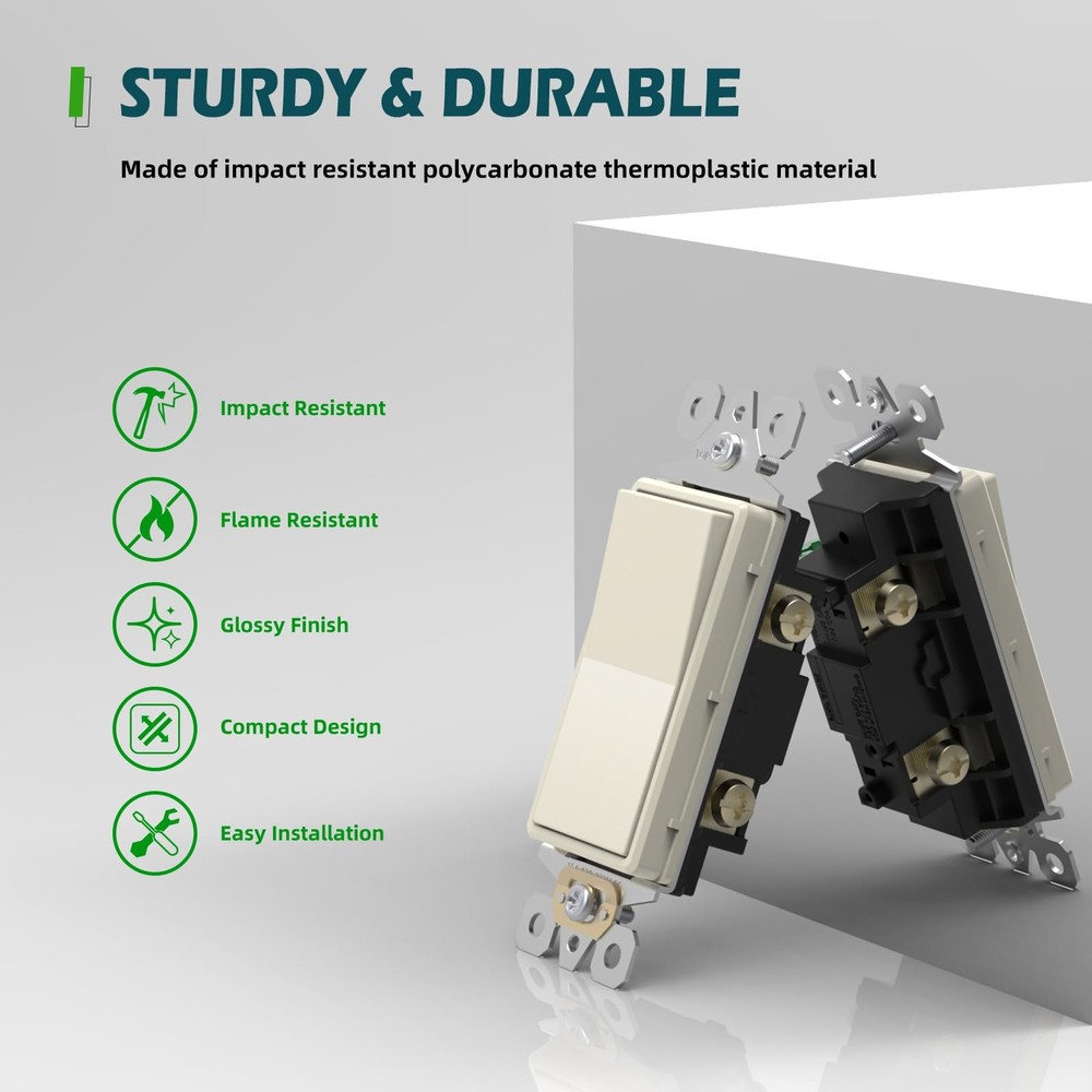 Decorator Wall Light Switch, 15Amp Single Pole On/Off Paddle Switch, Self-gro...