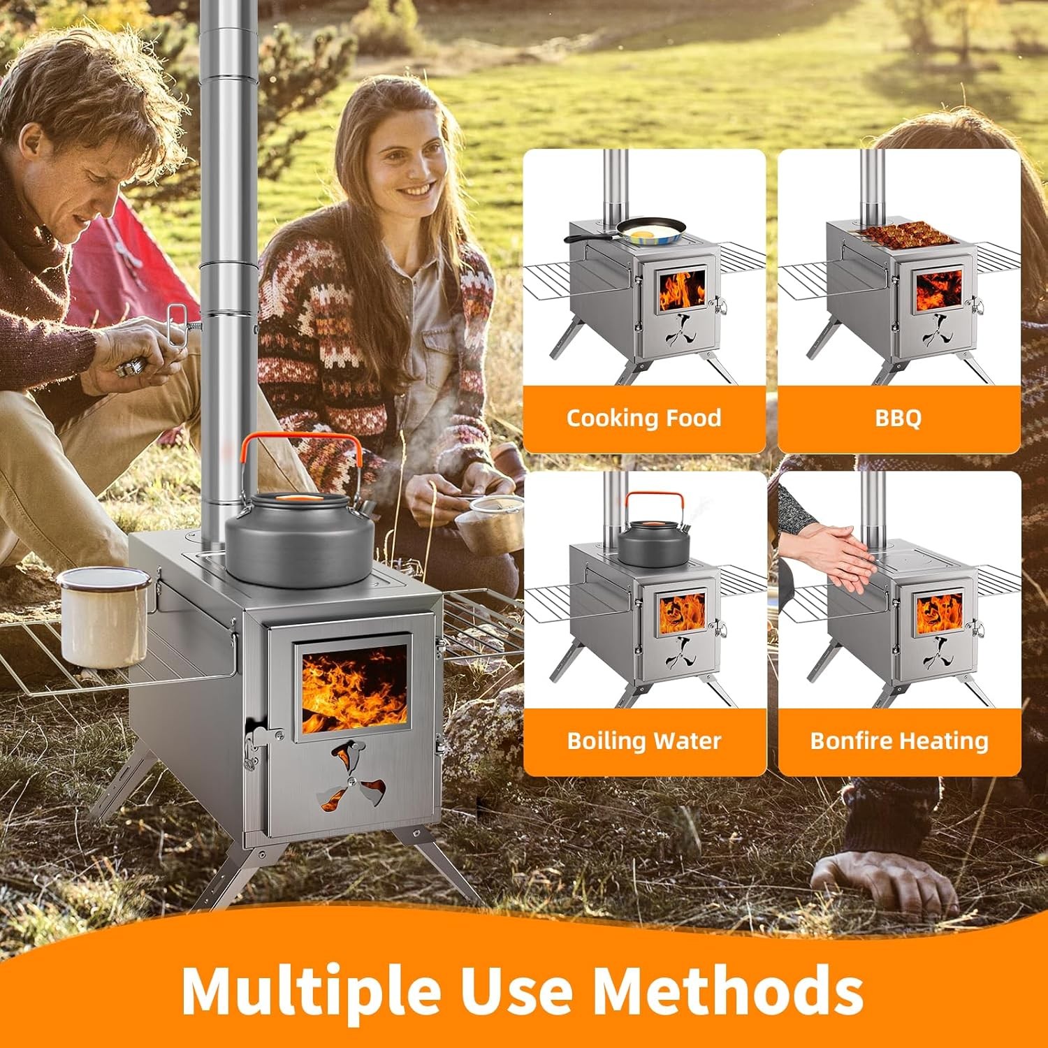 SLSY Portable Wood Stove Camping Hot Tent BBQ Stove 83 in with 7 Chimney Pipes