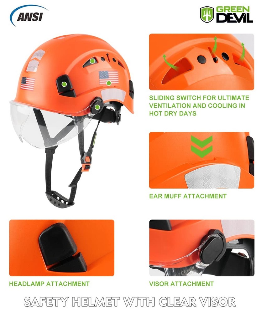 GREEN DEVIL Safety Helmet Hard Hat with Visor Chinstrap Adjustable ... Fast Ship