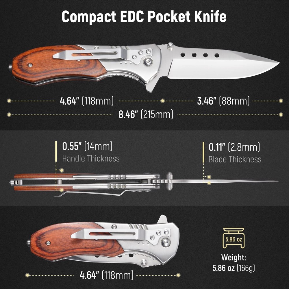 Pocket Knife for Men - Sharp Blade Wood Handle Pocket Folding Knives with Cli...
