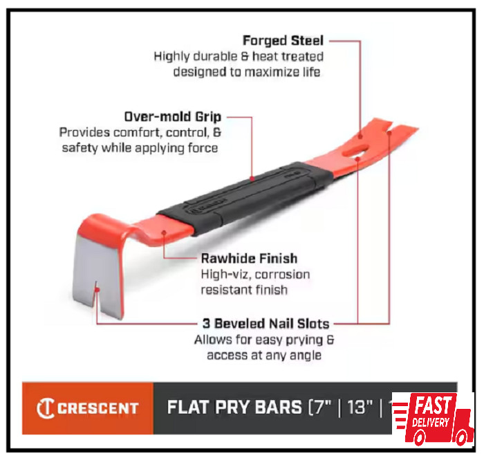 Crescent Flat Pry Bar with Overmolded Grip Better Access Hand Tool 13 In.