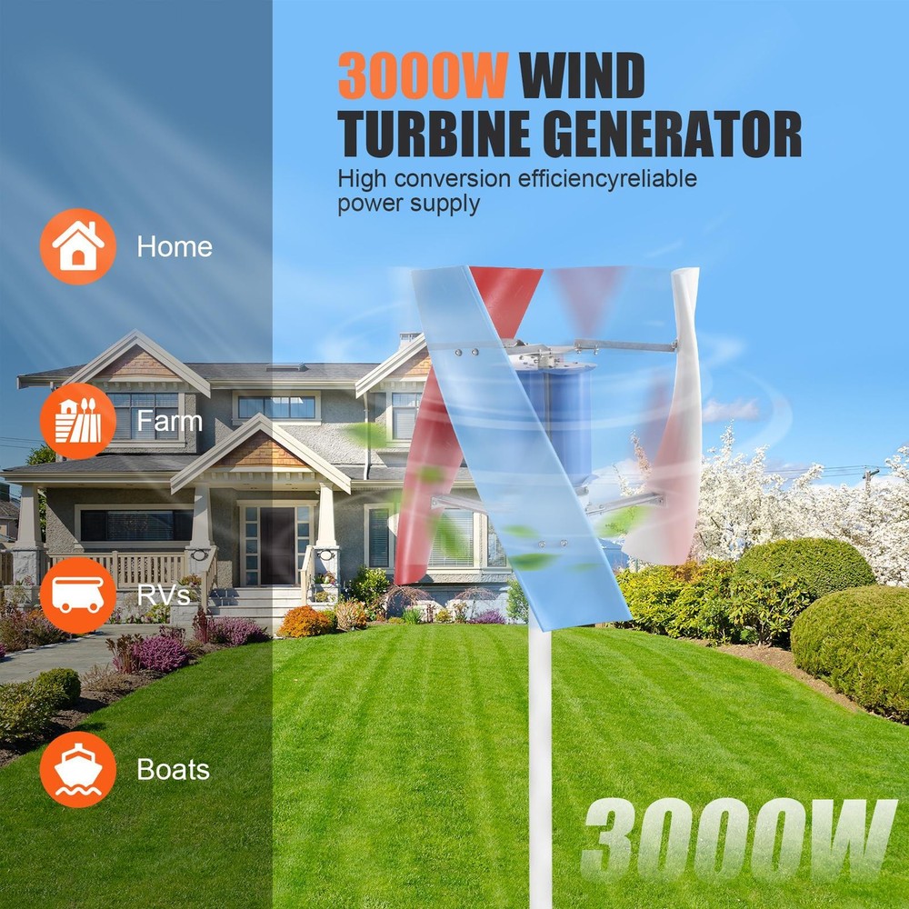 3000W Vertical Axis Wind Turbine Generator AC 12V Controller Home Windmill Kit--
