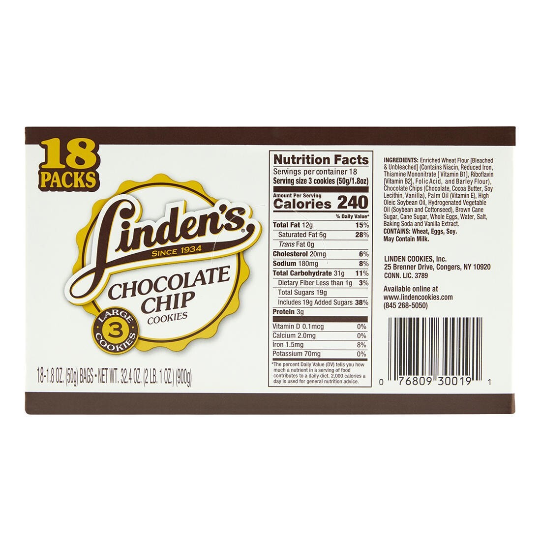 NEW Linden's Chocolate Chip Cookies, 3 ct./18 pk - Kosher Chocolate Chip Cookies