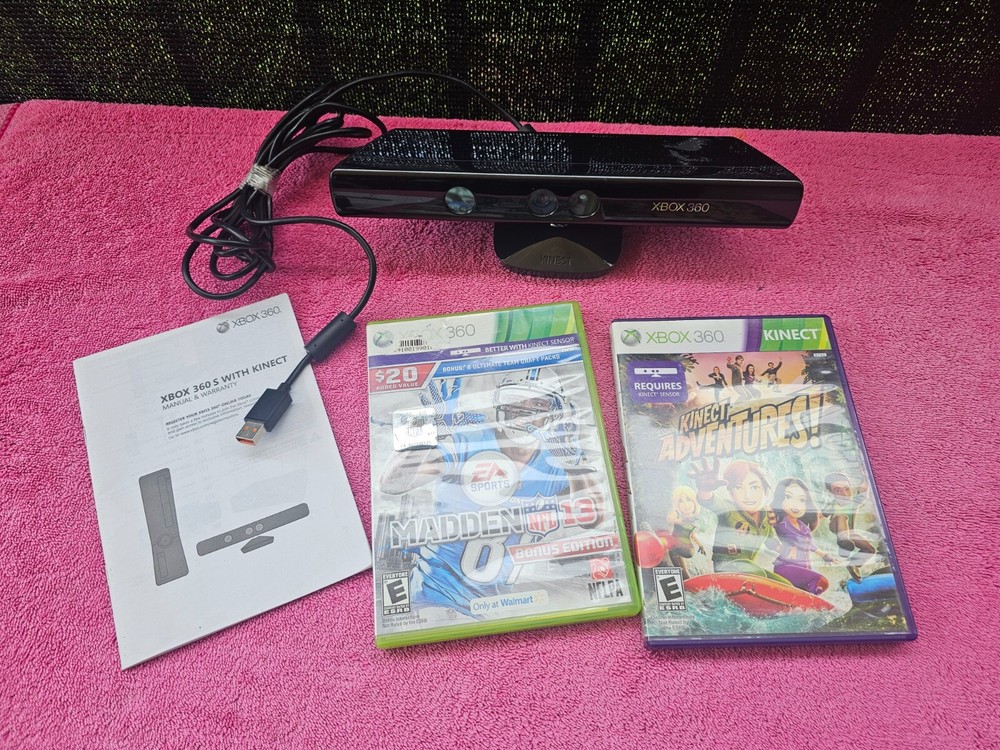 Xbox 360 Kinect Sensor Bar With Madden NFL 13 & Kinect Adventures Lot Bundle