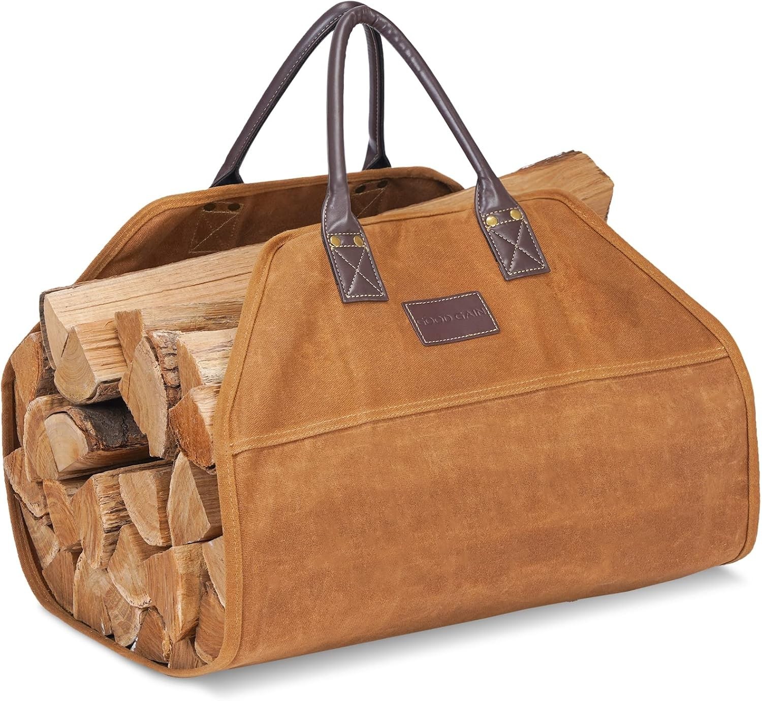 Firewood Carrier Waxed Canvas with Leather Handles, Wood Carrier for Firewood