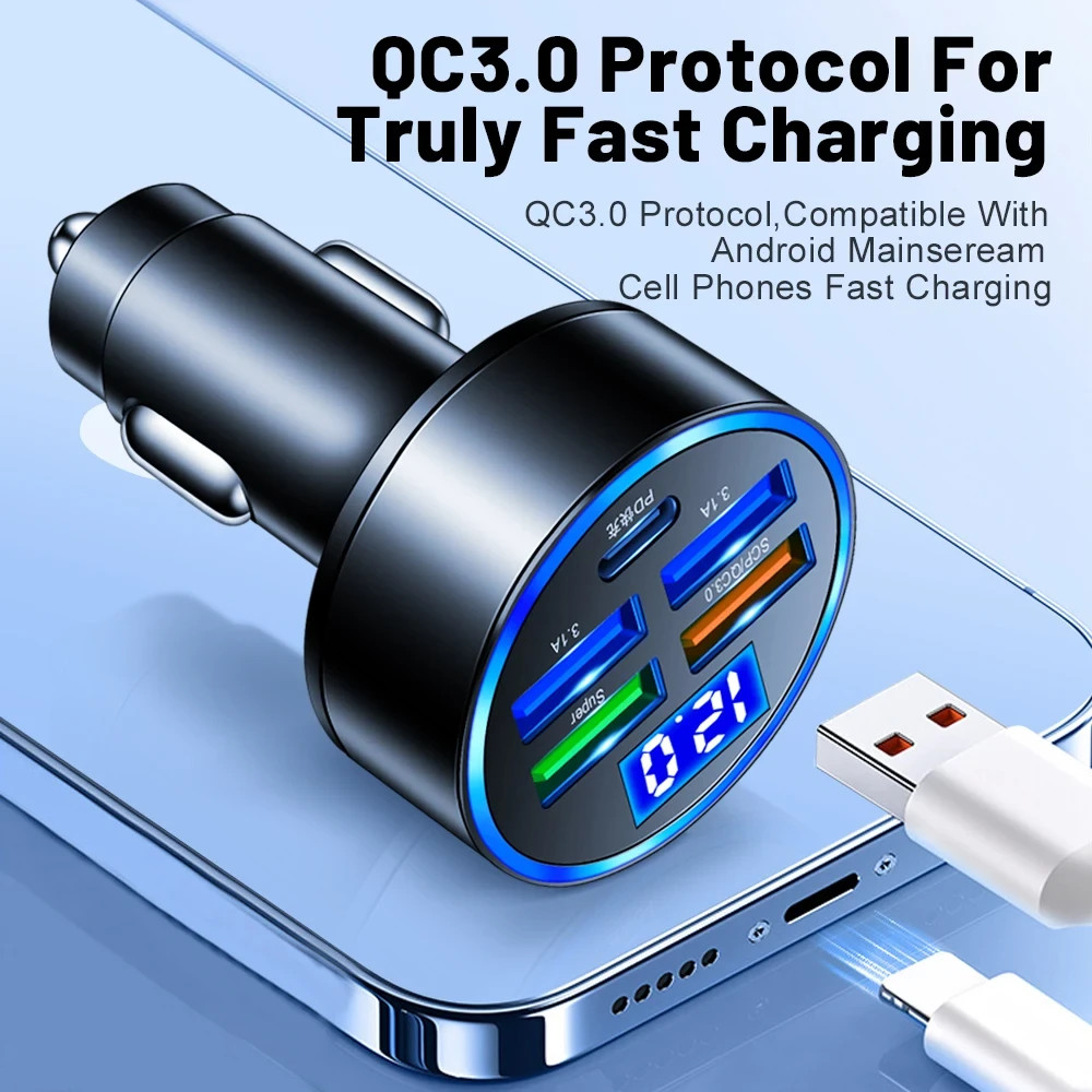 Super Fast Car Charger Adapter USB 5-Port Voltmeter for iPhone Samsung Android