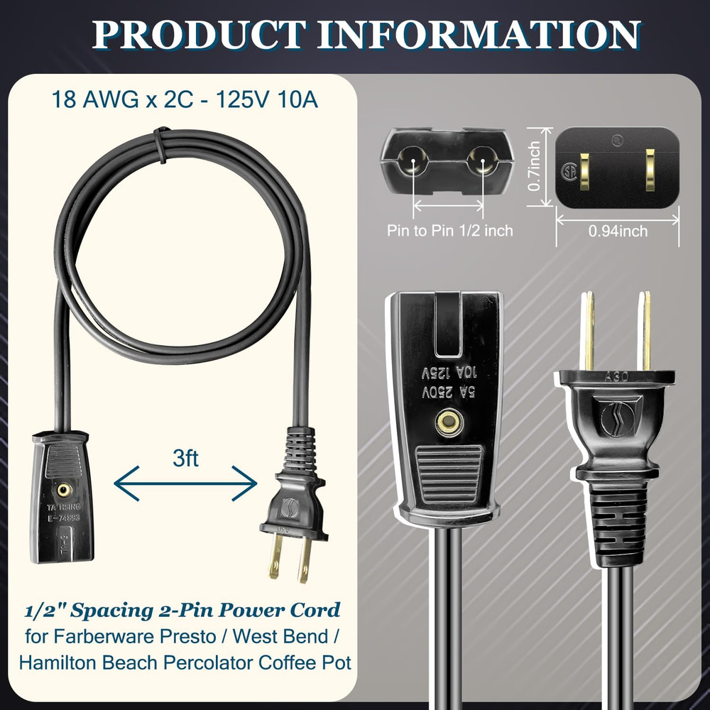 Coffee Percolator Power Cord Black 3ft Length