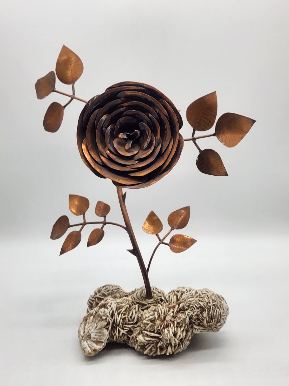 Copper Rose Sculpture w/Desert Sand Rose Crystal ~ 13" H x 10" L x9" W