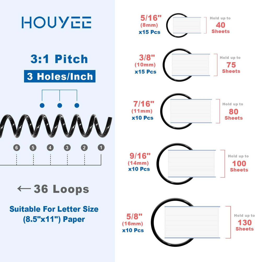 60 Pack Plastic Spiral Binding Coils, Multi-Size, 3:1 Pitch, Black Binding Spira