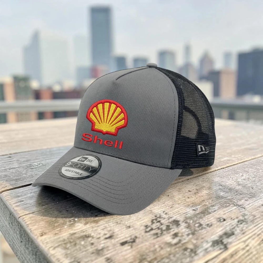 Shell Embroidered Logo Trucker Hat Gray Black Mesh Adjustable Cap