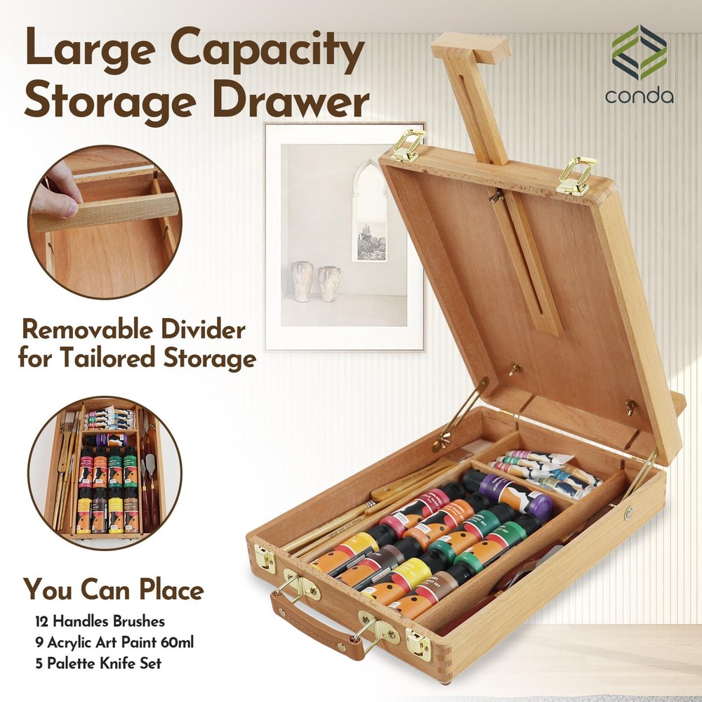 Wooden Sketch Box Easel, Adjustable Tabletop, Solid Beech Wood, Art Storage