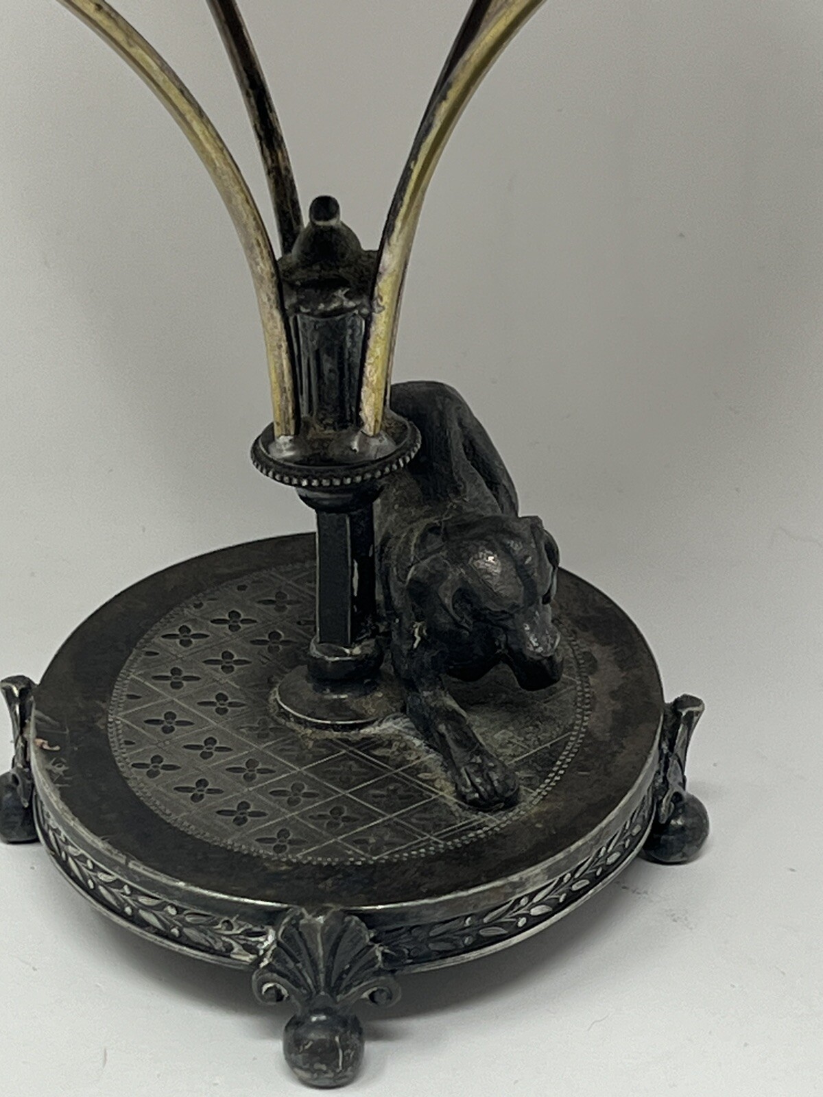 Antique Dog Figural Calling Card ? Silver Plate Tray Stand Simpson Hall Miller