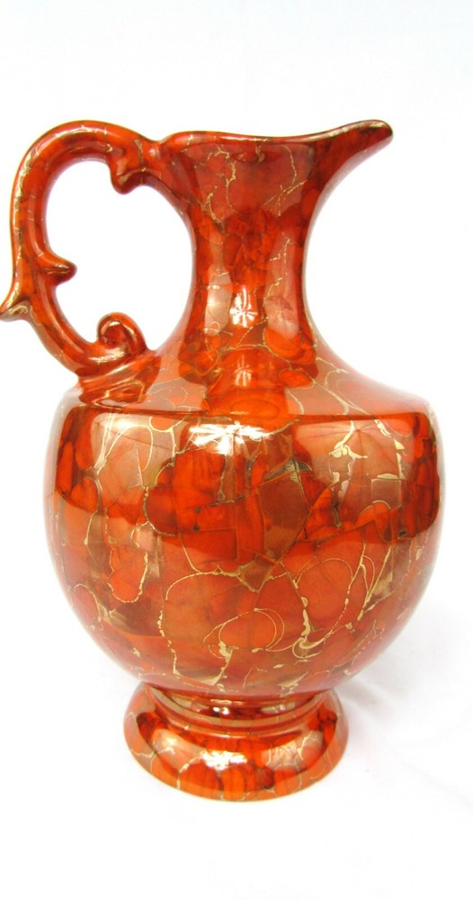 Vintage Alberta’s LARGE Ceramic Ewer Pitcher Orange and Gold  EUC