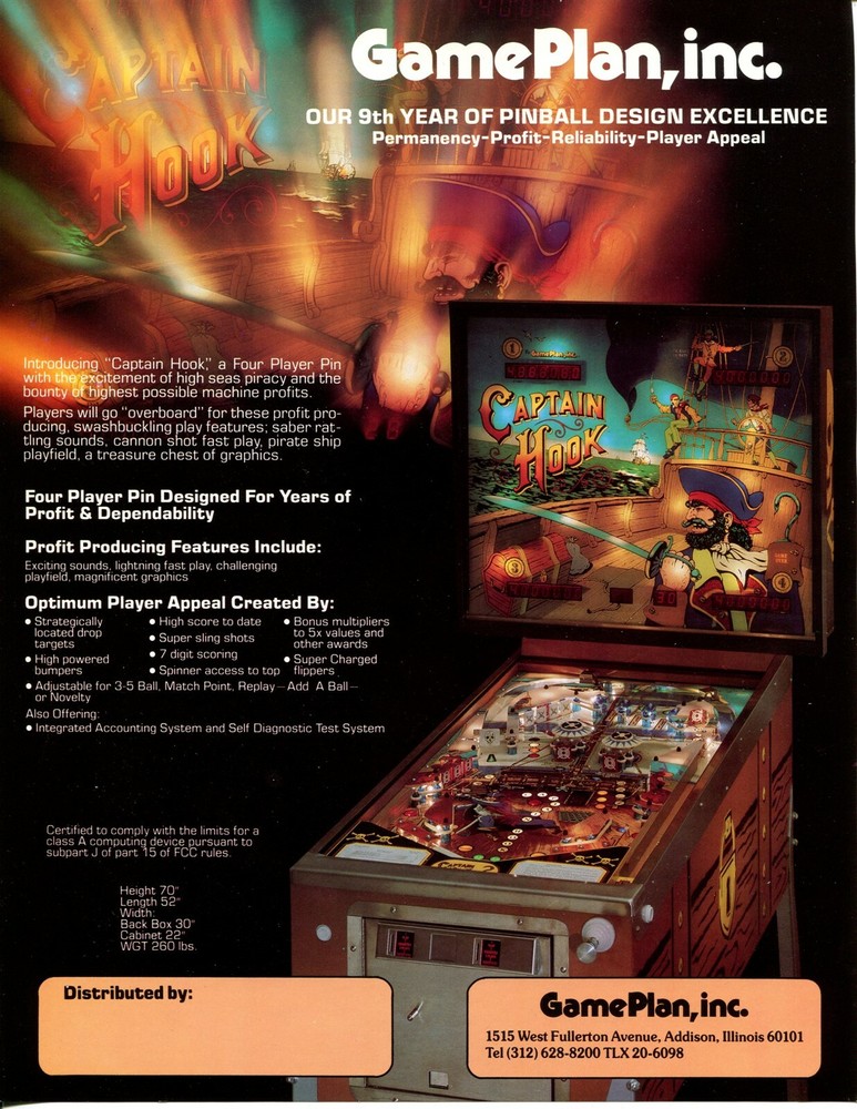 Captain Hook Game Plan Pinball Flyer / Brochure / Ad - Mint