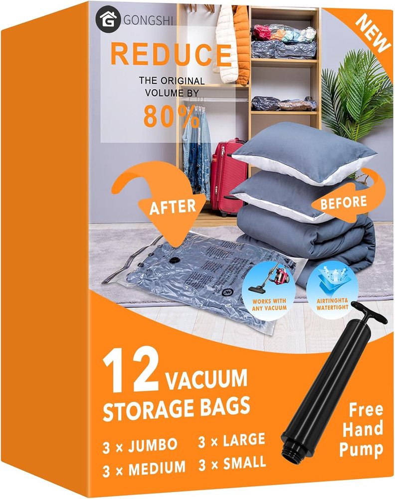 12 Pack Vacuum Storage Bags (3 Jumbo, 3 Large, 3 Medium, 3 Small),Plastic Packag