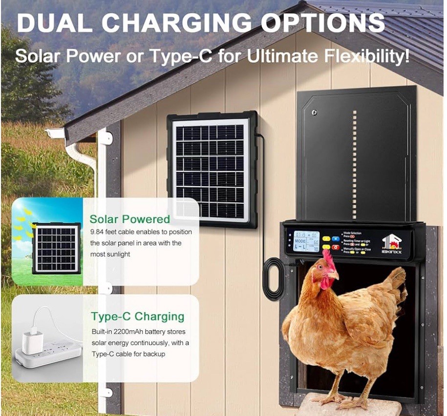 Automatic Chicken Coop Door W/ Light Sensor Solar Panel & Timer Open Box