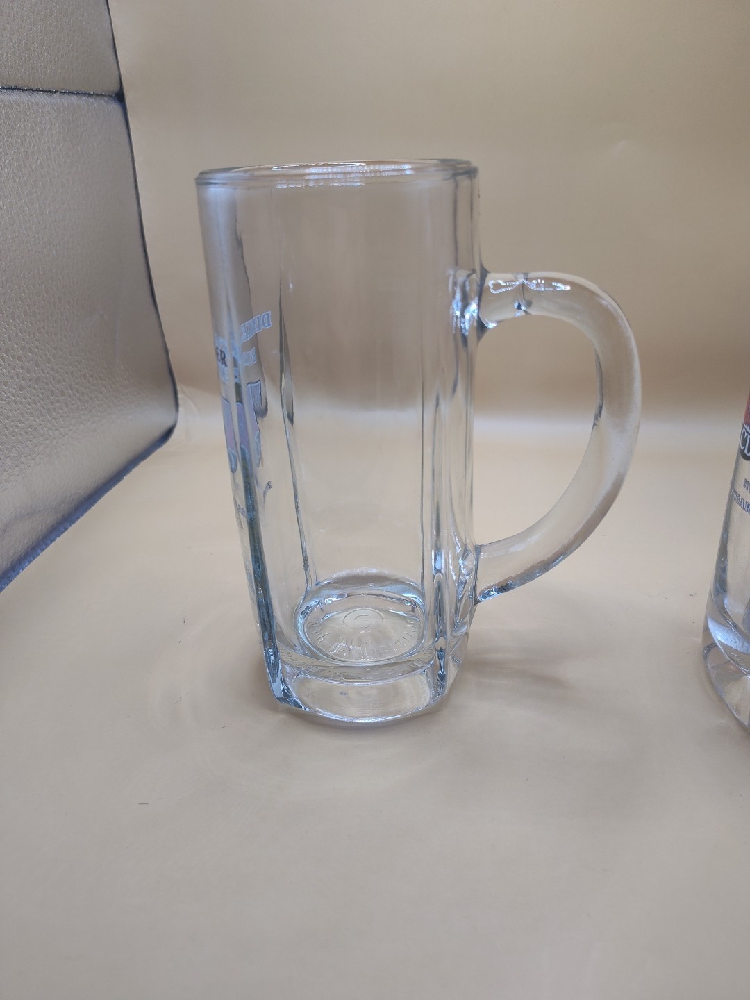 2 Vintage RARE Dinkel Acker Clear Glass  Beer Stein / mug. MADE IN GERMANY Read
