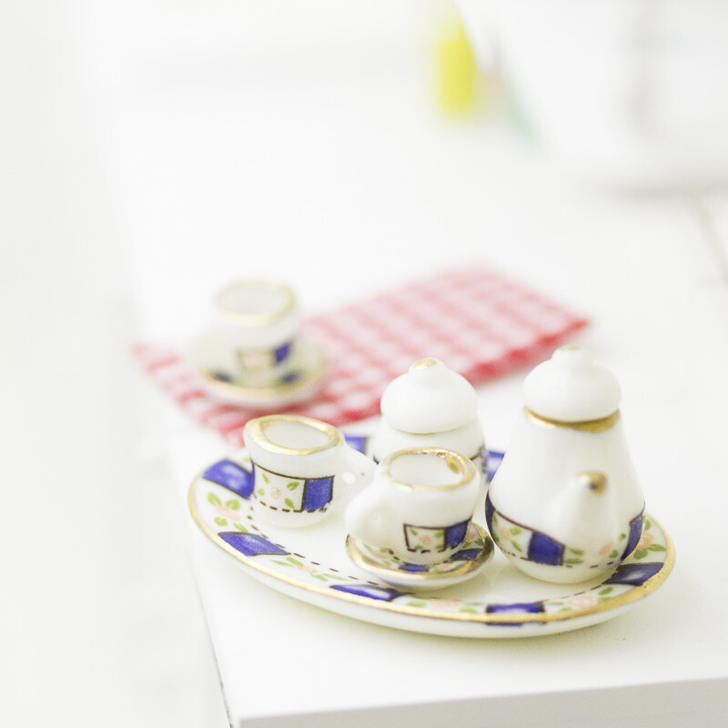 Factory Direct Craft Ultra Tiny Dainty Blue Stripe Painted Ceramic Tea Set