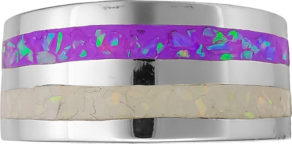 925 Sterling Silver White & Violet Opal Two-Loop Statement Ring - Handmade...