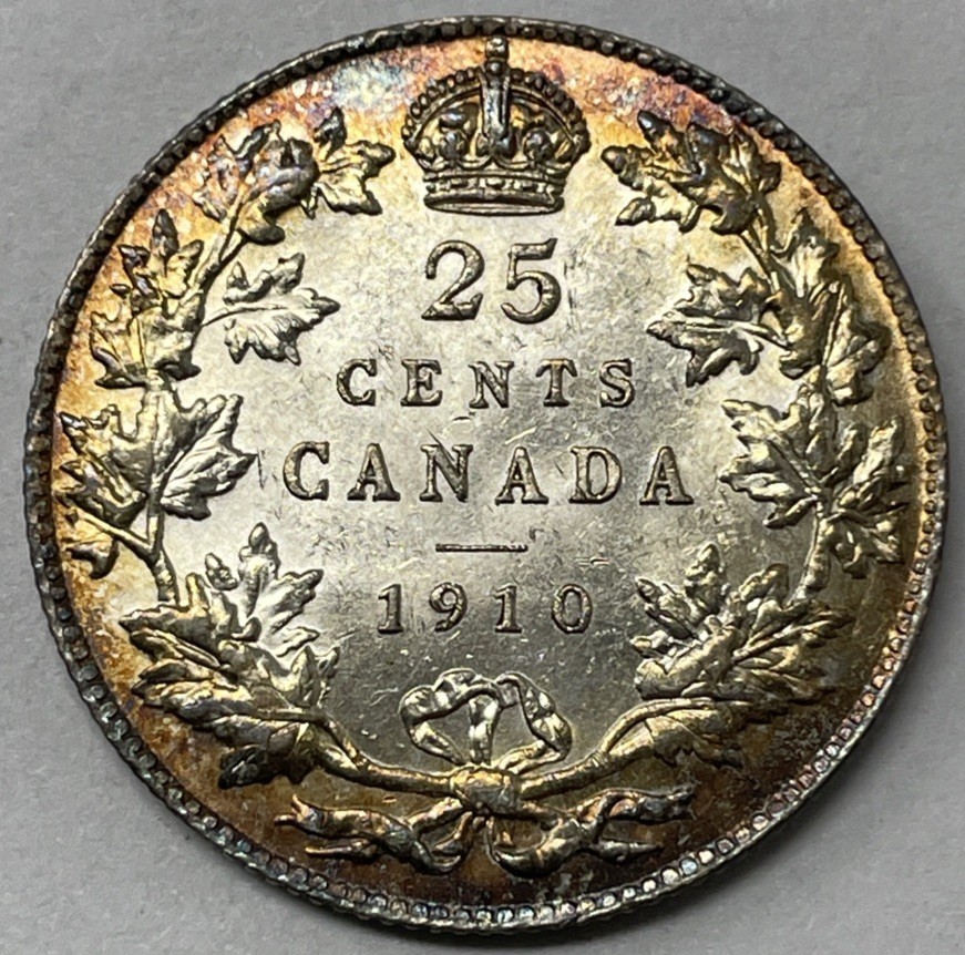 1910 Canada 25 Cent, AU-50 Condition. C-2932