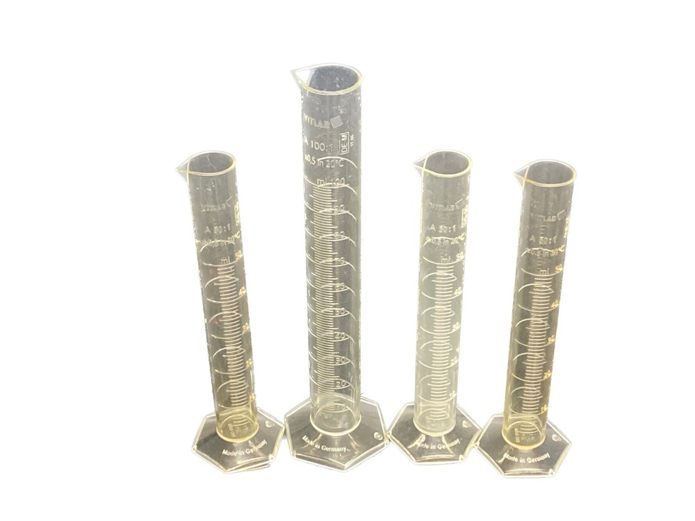 (4) VITLAB Plastic 50mL & 100mL Single Scale Graduated Cylinders w/Pour Spout
