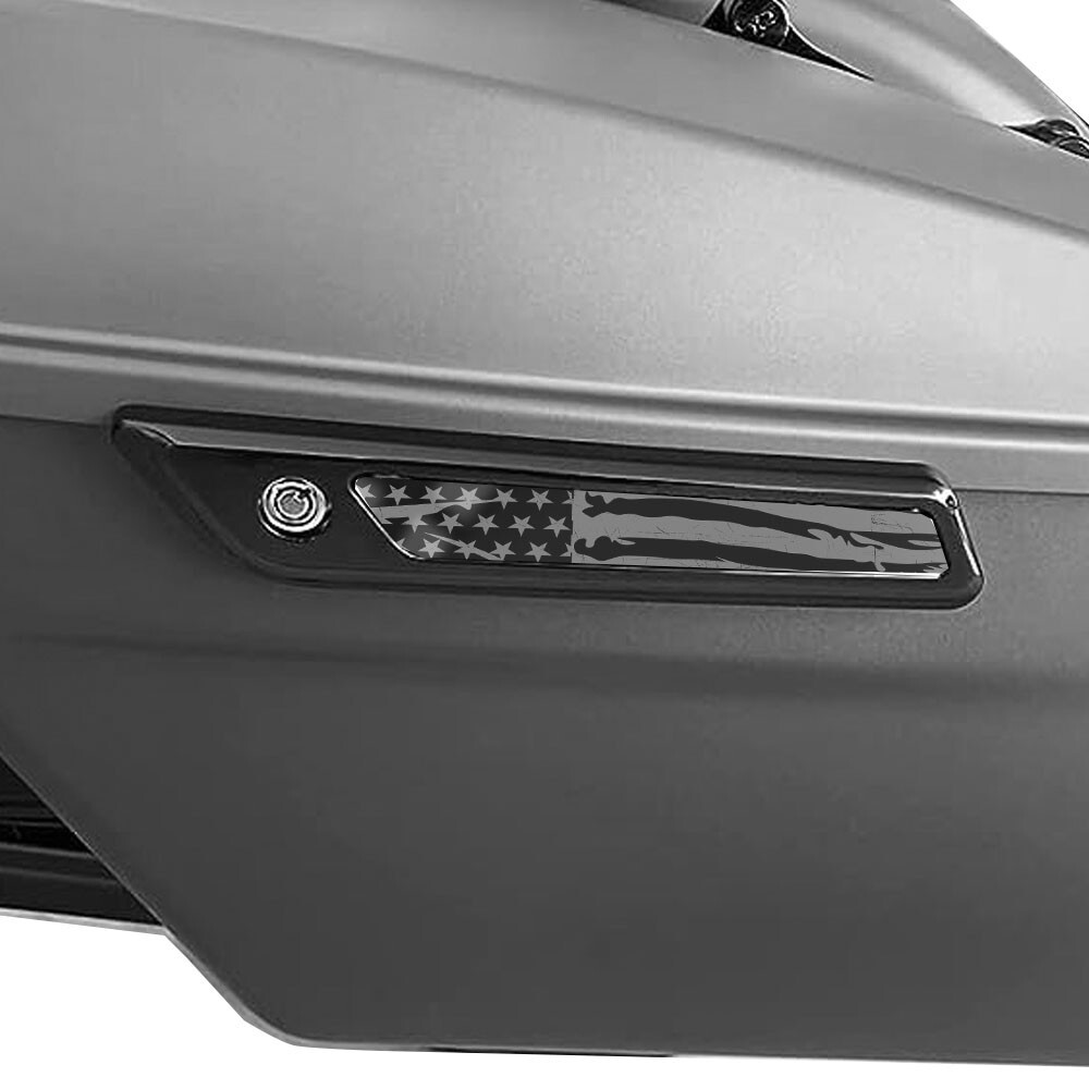 BLACK GREY USA FLAG DISTRESS Saddlebag Latch Inserts for Harley Touring 2014 up