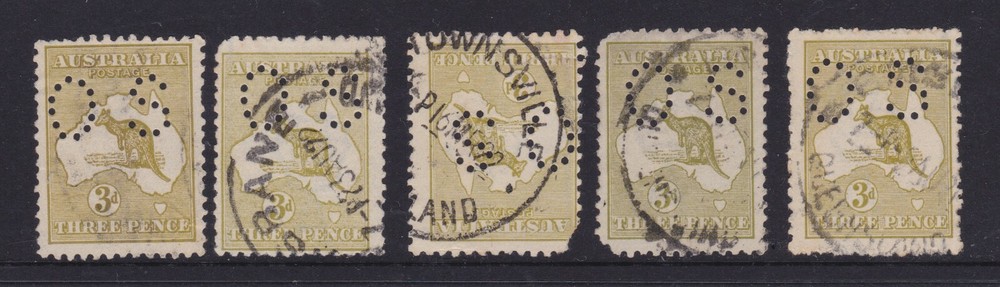 Australia Roo Kangaroo 3d Olive Small OS Perfin Used Lot (5)           REF: R35A